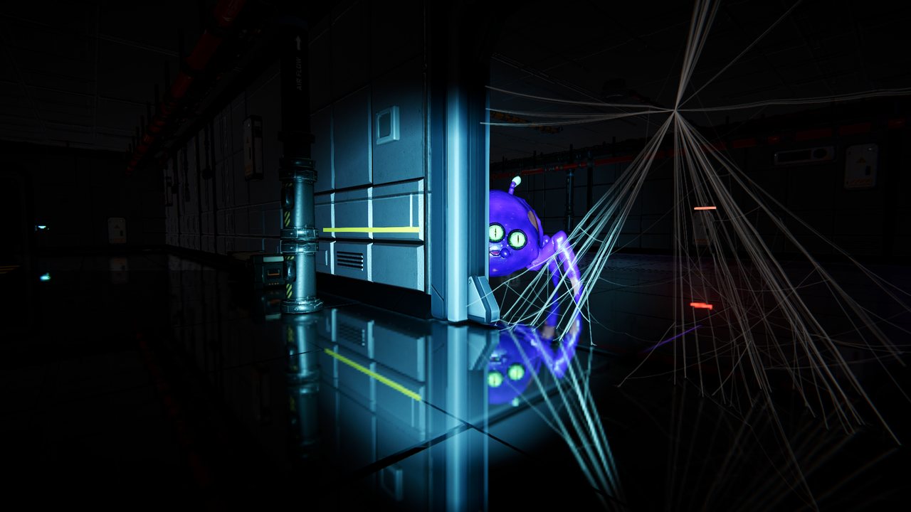The alien peeking around a doorway in a dark corridor, lit by a robot's face lamp