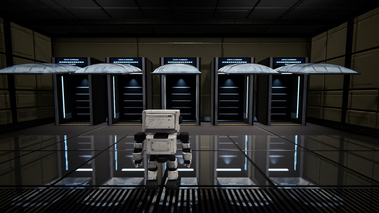 A robot standing in front of five cryo pods in the ship's safe room